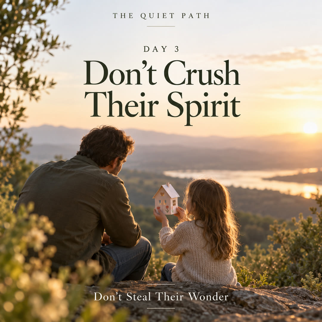Day 3 · Don’t Crush Their Spirit: a daughter shows her father a small model house as they sit above a sunlit valley. Text: THE QUIET PATH · DAY 3 · DON’T CRUSH THEIR SPIRIT · DON’T STEAL THEIR WONDER