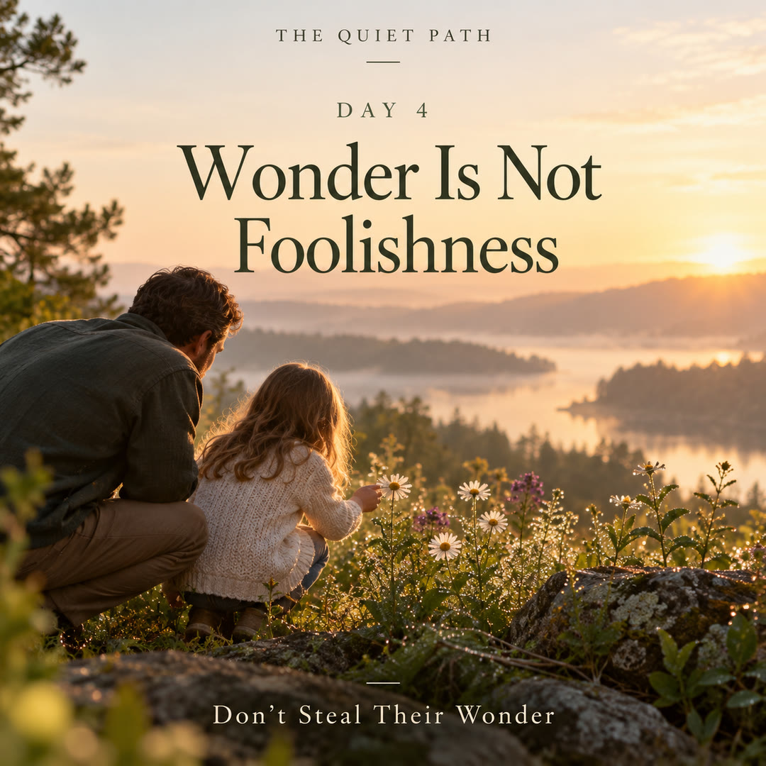 Day 4 · Wonder Is Not Foolishness: a father and daughter crouch among wildflowers looking out over a lake at sunrise. Text: THE QUIET PATH · DAY 4 · WONDER IS NOT FOOLISHNESS · DON’T STEAL THEIR WONDER
