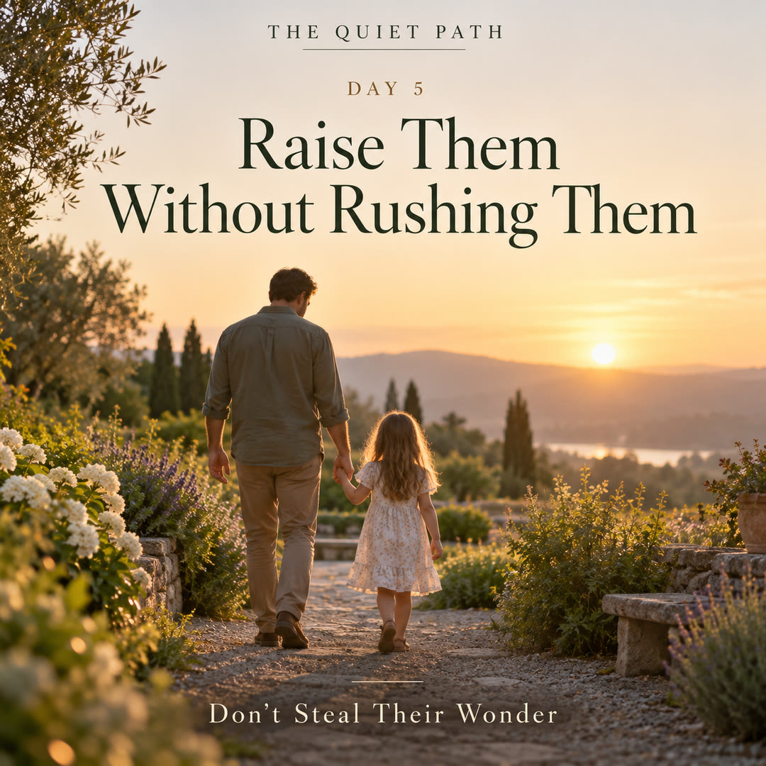 Day 5 · Raise Them Without Rushing Them: a father walks hand in hand with his young daughter down a garden path toward the sunrise. Text: THE QUIET PATH · DAY 5 · RAISE THEM WITHOUT RUSHING THEM · DON’T STEAL THEIR WONDER