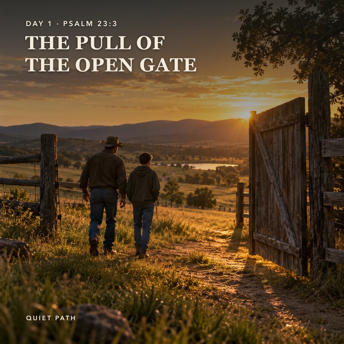 Two men walk down a dirt ranch road toward a weathered wooden gate standing open in golden sunrise light. Text: DAY 1 · PSALM 23:3 · THE PULL OF THE OPEN GATE · QUIET PATH
