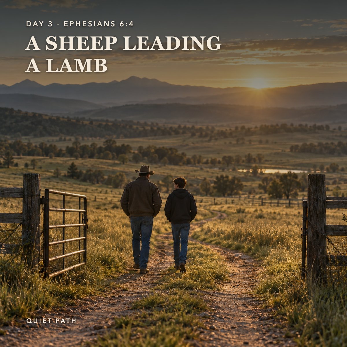 A father and son walk side by side down a dirt road past an open metal ranch gate at sunset. Text: DAY 3 · EPHESIANS 6:4 · A SHEEP LEADING A LAMB · QUIET PATH