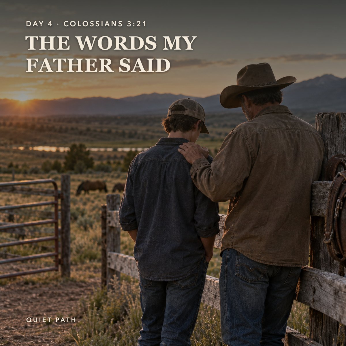 A father rests his hand on his son’s shoulder as they lean on a weathered fence looking out over pasture at sunset. Text: DAY 4 · COLOSSIANS 3:21 · THE WORDS MY FATHER SAID · QUIET PATH