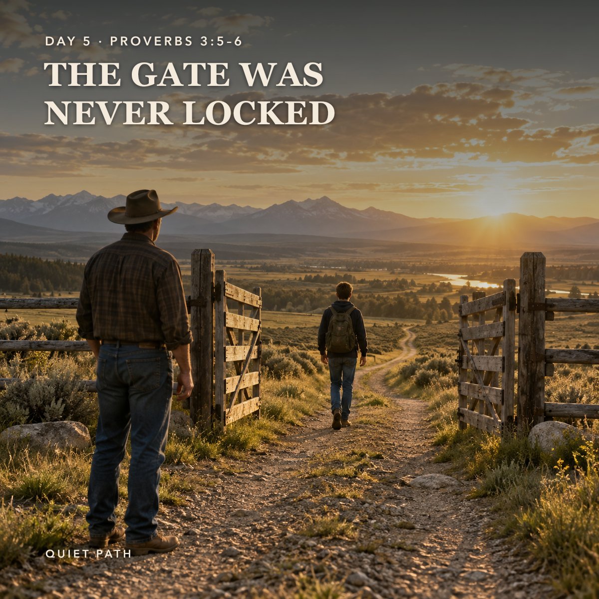 A father stands by an open ranch gate watching his son walk alone down the road toward distant mountains at sunrise. Text: DAY 5 · PROVERBS 3:5-6 · THE GATE WAS NEVER LOCKED · QUIET PATH