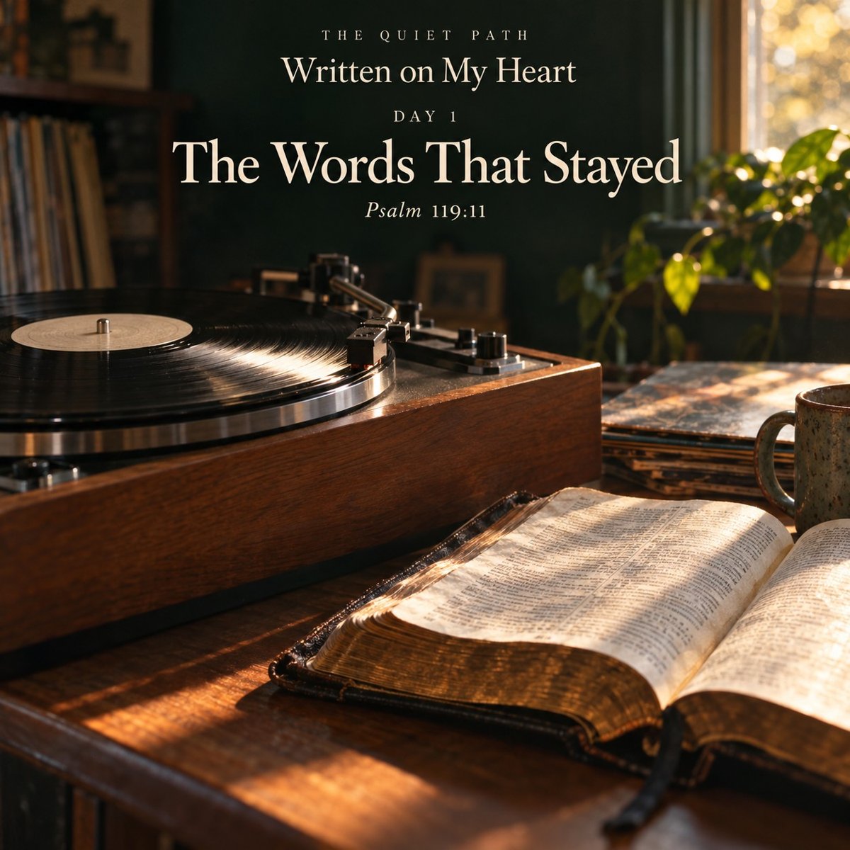 A vintage turntable playing a record beside an open, well-worn Bible and a coffee mug on a wooden table in warm window light, with bookshelves and a plant behind. Text: THE QUIET PATH · Written on My Heart · Day 1 · The Words That Stayed · Psalm 119:11