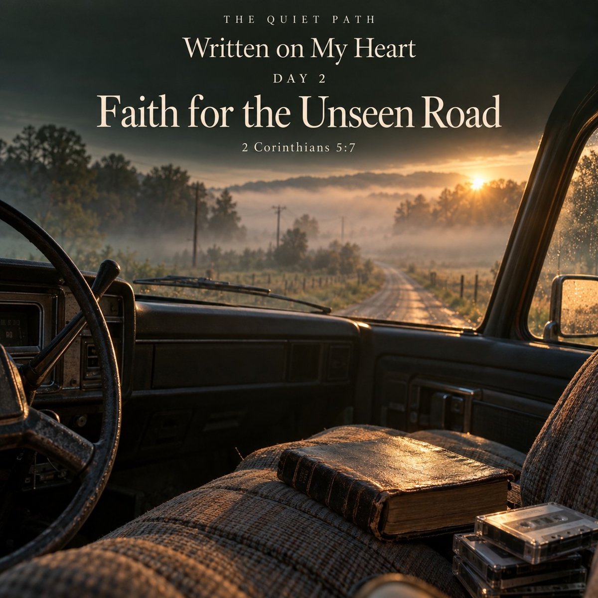 The view from the driver’s seat of an old pickup at sunrise, looking down a misty country road; a worn Bible and cassette tapes rest on the plaid bench seat. Text: THE QUIET PATH · Written on My Heart · Day 2 · Faith for the Unseen Road · 2 Corinthians 5:7