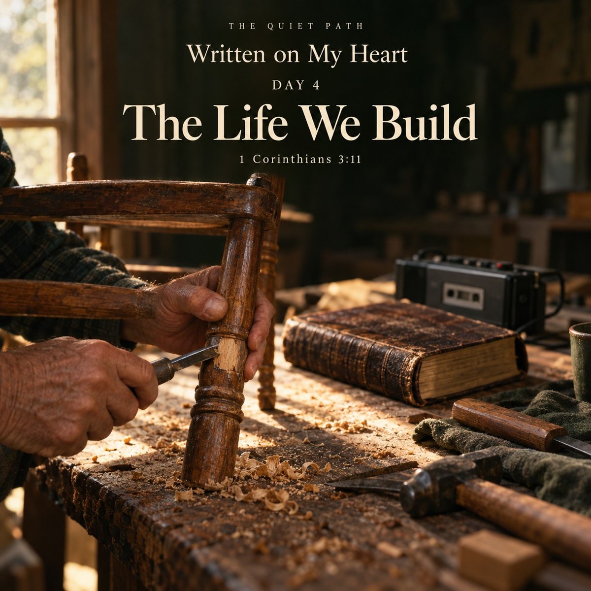Weathered hands carve a wooden chair spindle at a workbench beside a leather Bible and a cassette player in a sunlit workshop. Text: THE QUIET PATH · Written on My Heart · Day 4 · The Life We Build · 1 Corinthians 3:11