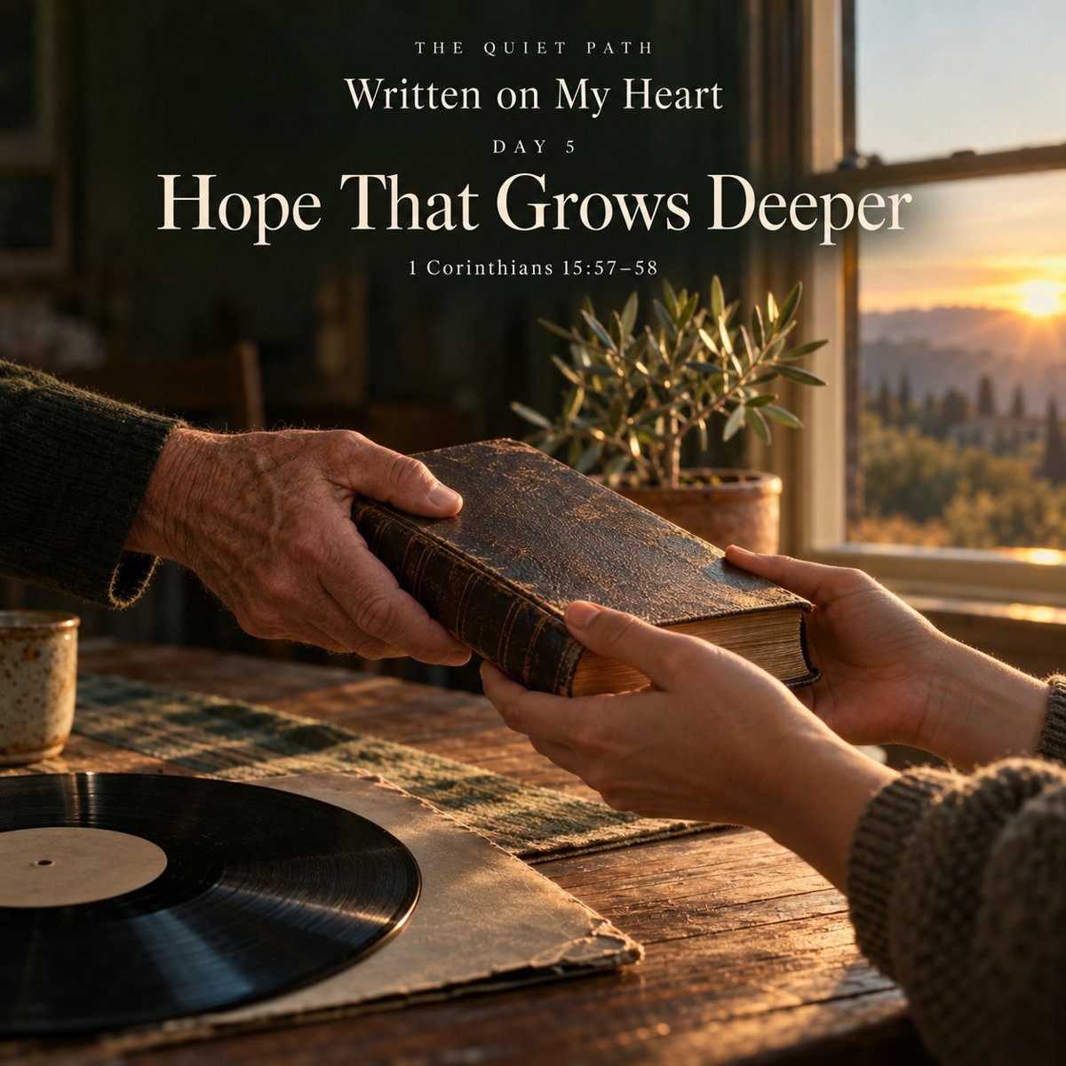 Older hands pass a worn Bible to younger hands across a table with a vinyl record, an olive plant and a sunrise window behind. Text: THE QUIET PATH · Written on My Heart · Day 5 · Hope That Grows Deeper · 1 Corinthians 15:57–58
