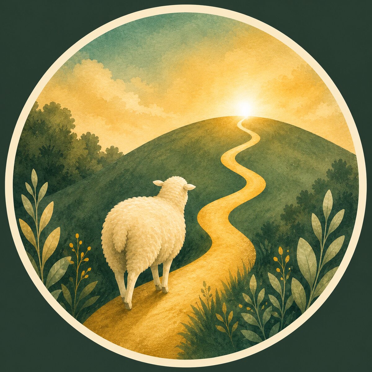 A sheep walking a quiet path toward the sunrise